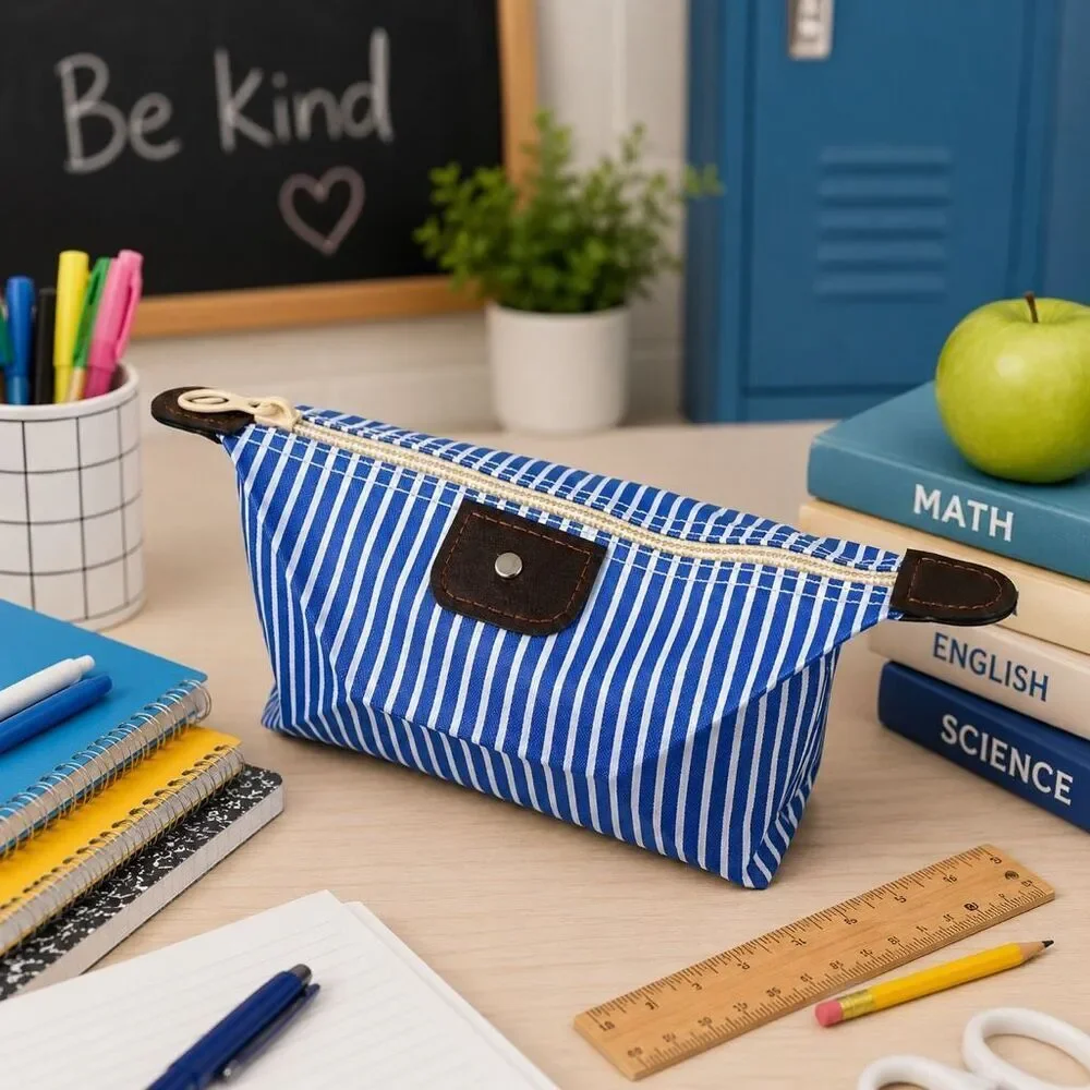 Blue White Striped Zippered School Supplies - Canvas Pouch Pencil Case